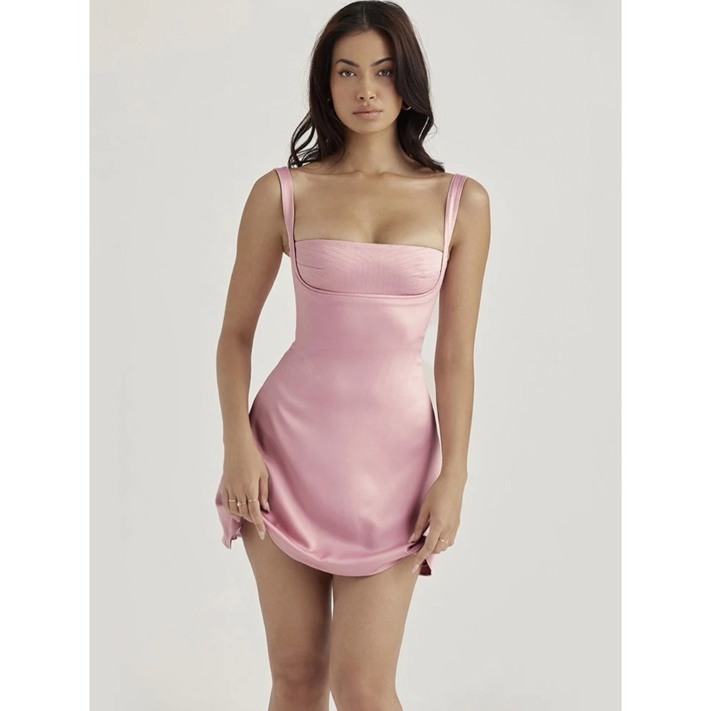 Fashion Elegant Satin Square Neck Dusty Rose Short Dress Size 0